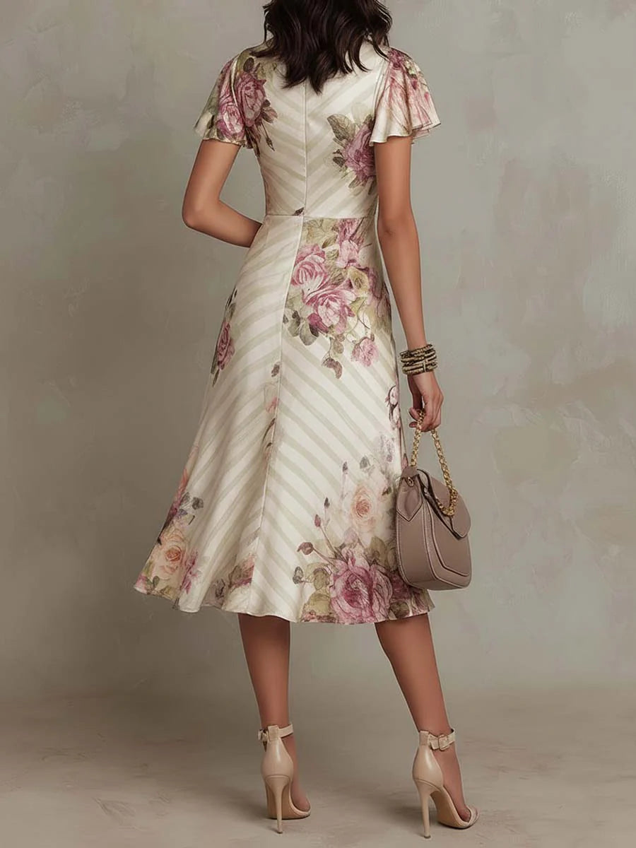 Alba - Elegantní midi šaty z květinového saténu v retro stylu