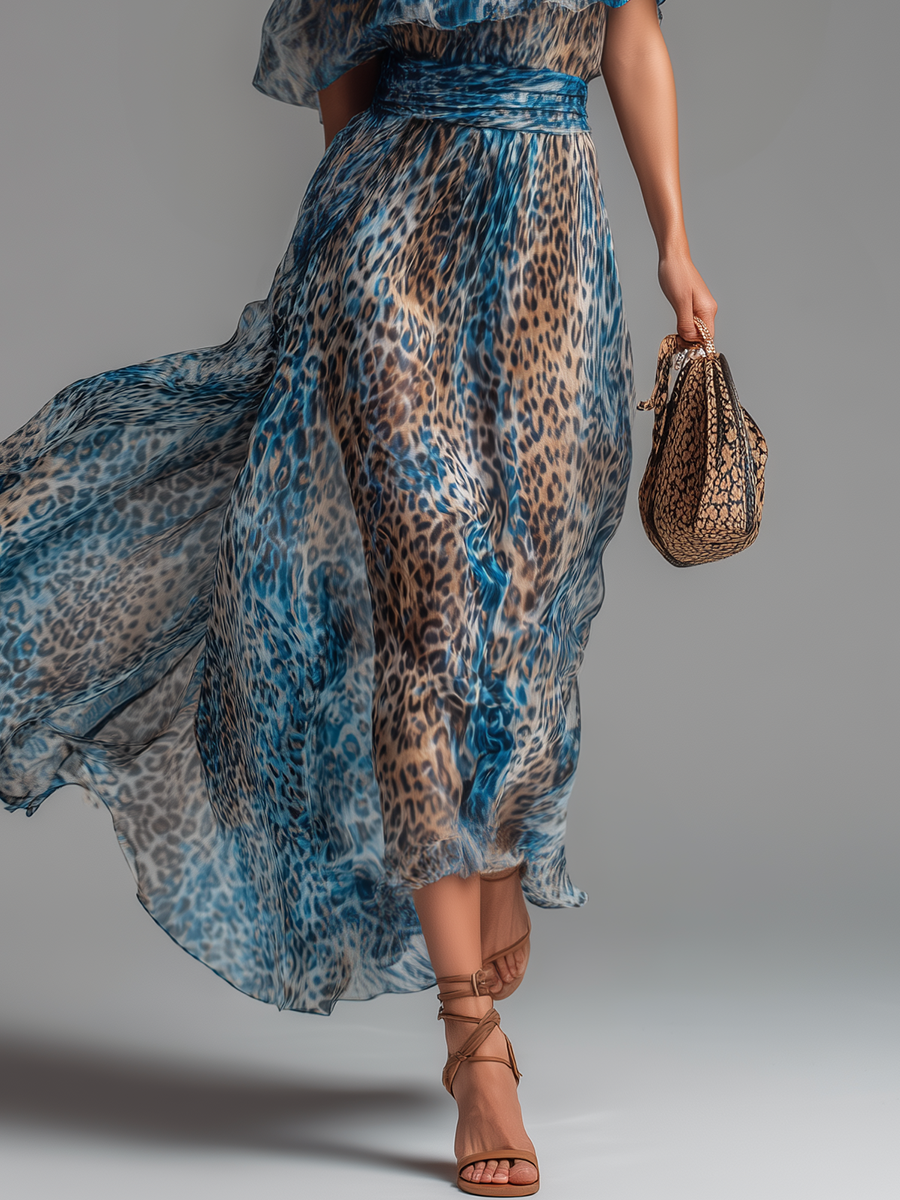 Selvaggia - Dlouhé šaty z chiffon s leopardím potiskem a odhalenými rameny