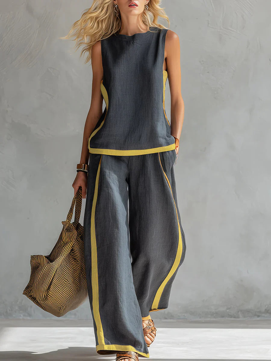 Ursula - Elegantní a casual set vesty a kalhot s dvoubarevnými detaily
