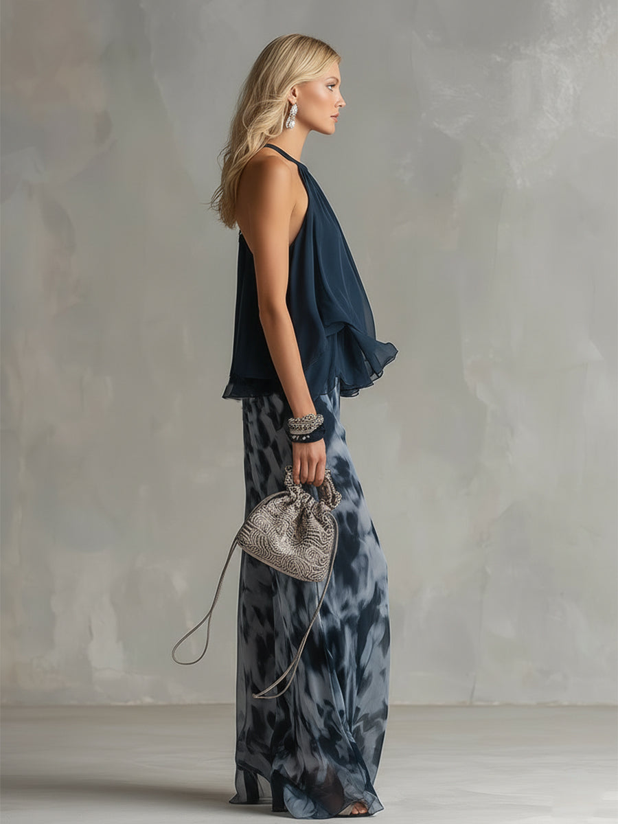 Ludovica - elegantní v chiffon s topem s vysokým límcem a širokými tištěnými kalhotami
