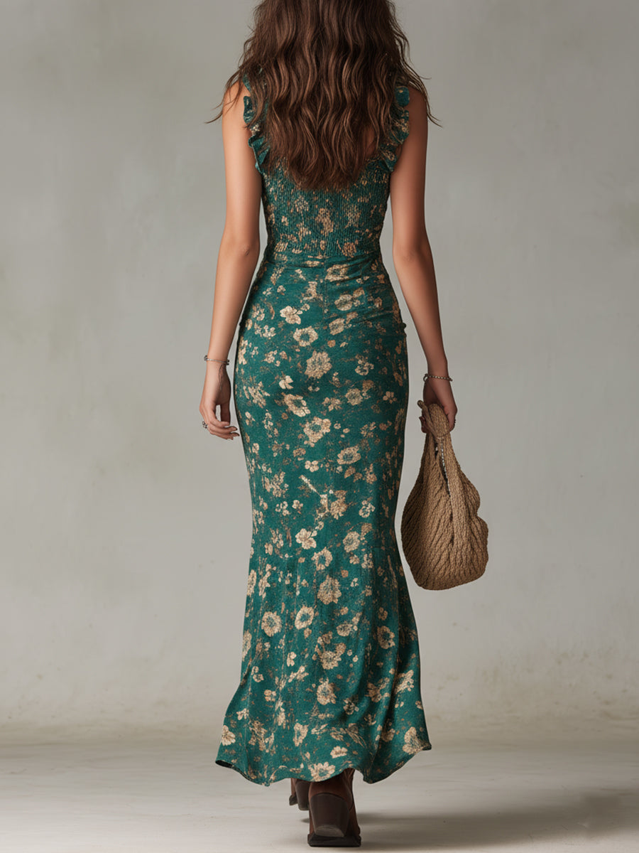 Zara - Maxi boho retro šaty s nařasenými rukávy a vysokým rozparkem