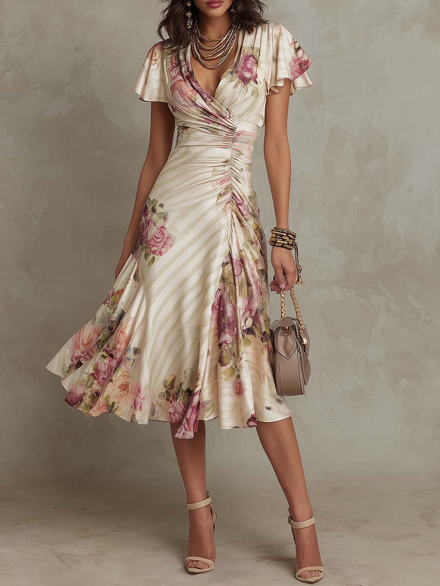 Alba - Elegantní midi šaty z květinového saténu v retro stylu