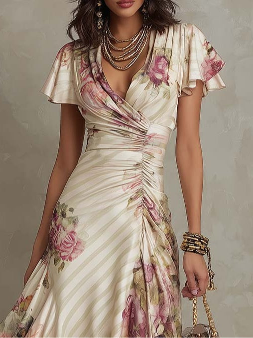 Alba - Elegantní midi šaty z květinového saténu v retro stylu