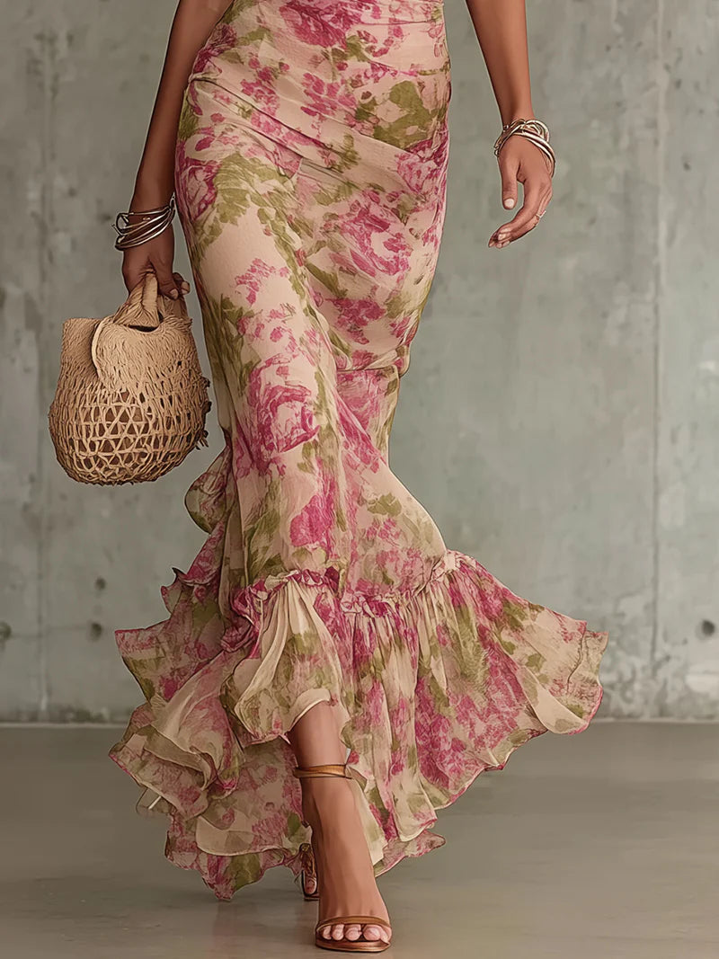 Fiora - Dlouhé šaty s vintage růžovým potiskem a balónovými rukávy