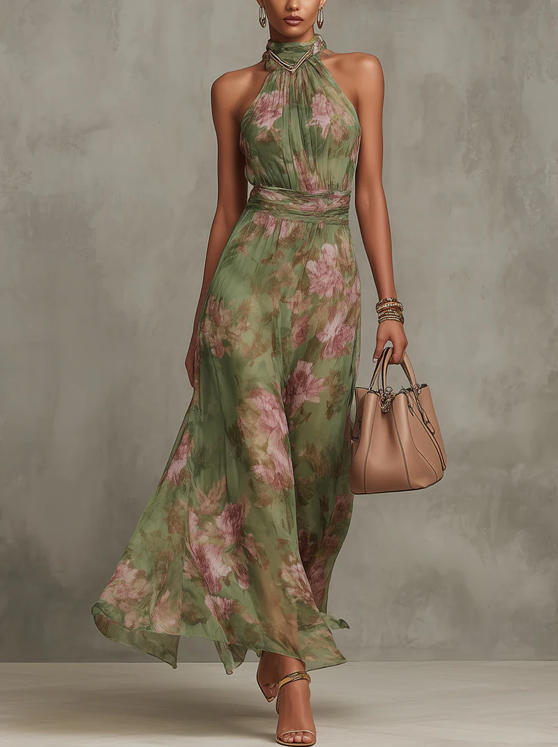 Serena - Dlouhé zelené květinové šaty z chiffon s halter výstřihem