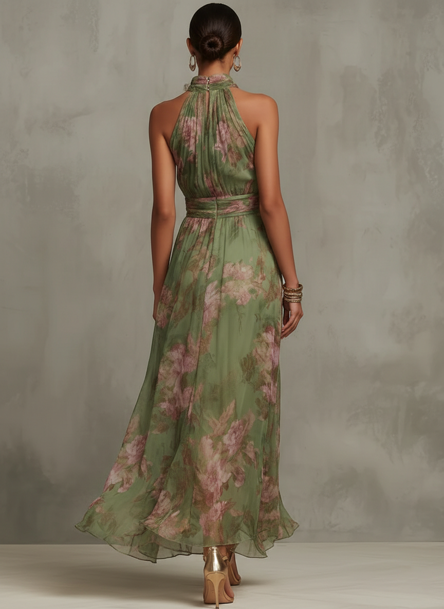 Serena - Dlouhé zelené květinové šaty z chiffon s halter výstřihem