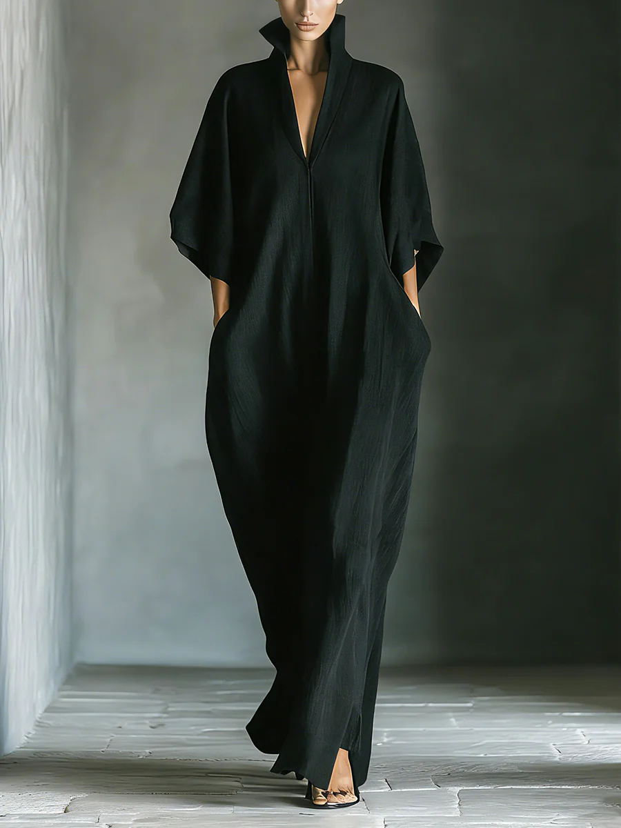 Alessandra™ | Dlouhá černá oversize minimalistická šaty s kimono rukávy
