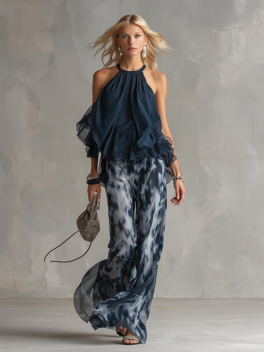 Ludovica - elegantní v chiffon s topem s vysokým límcem a širokými tištěnými kalhotami