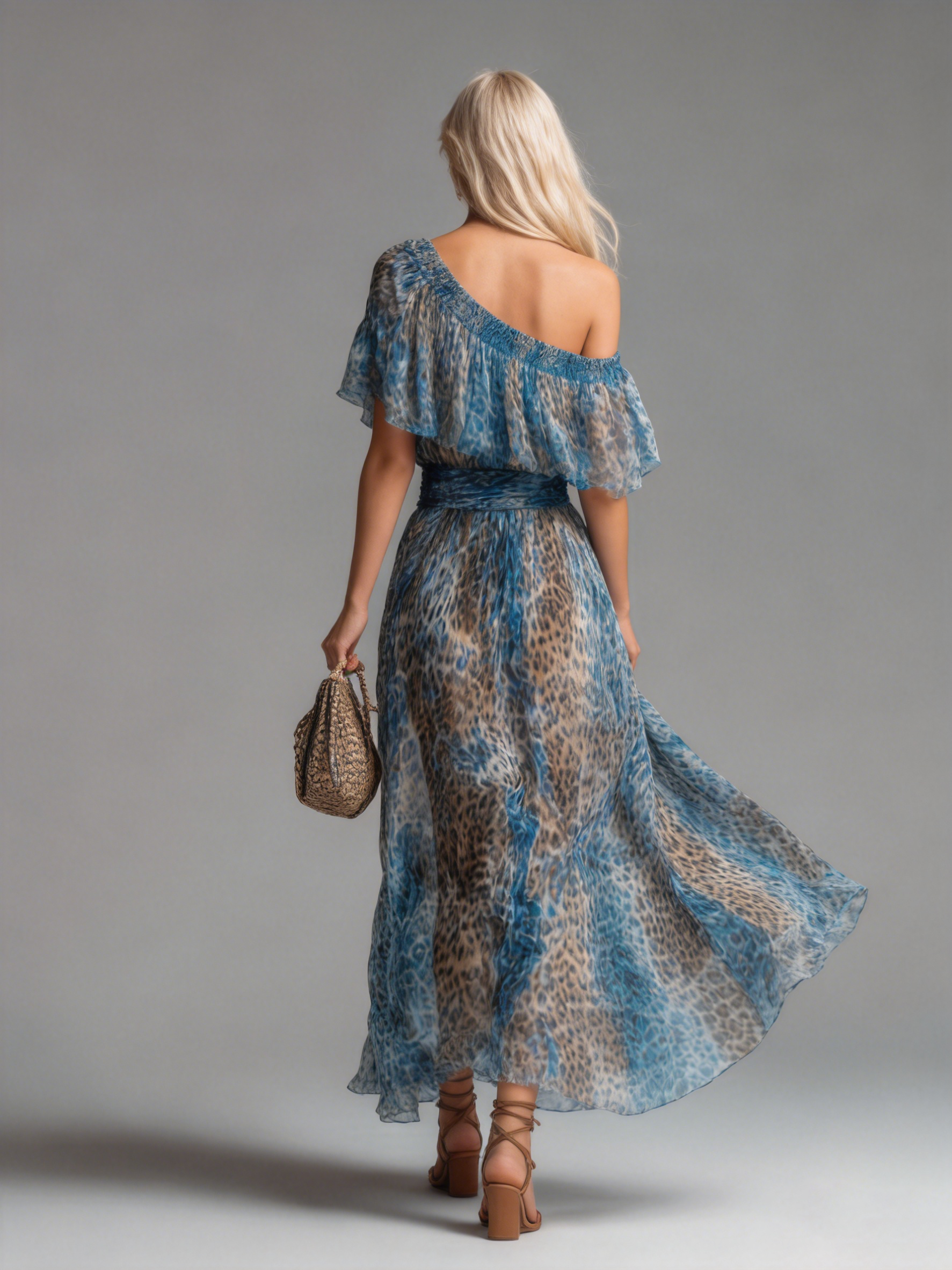 Selvaggia - Dlouhé šaty z chiffon s leopardím potiskem a odhalenými rameny