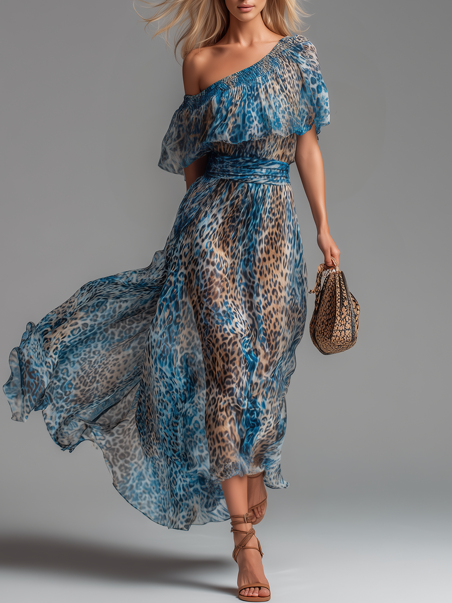 Selvaggia - Dlouhé šaty z chiffon s leopardím potiskem a odhalenými rameny