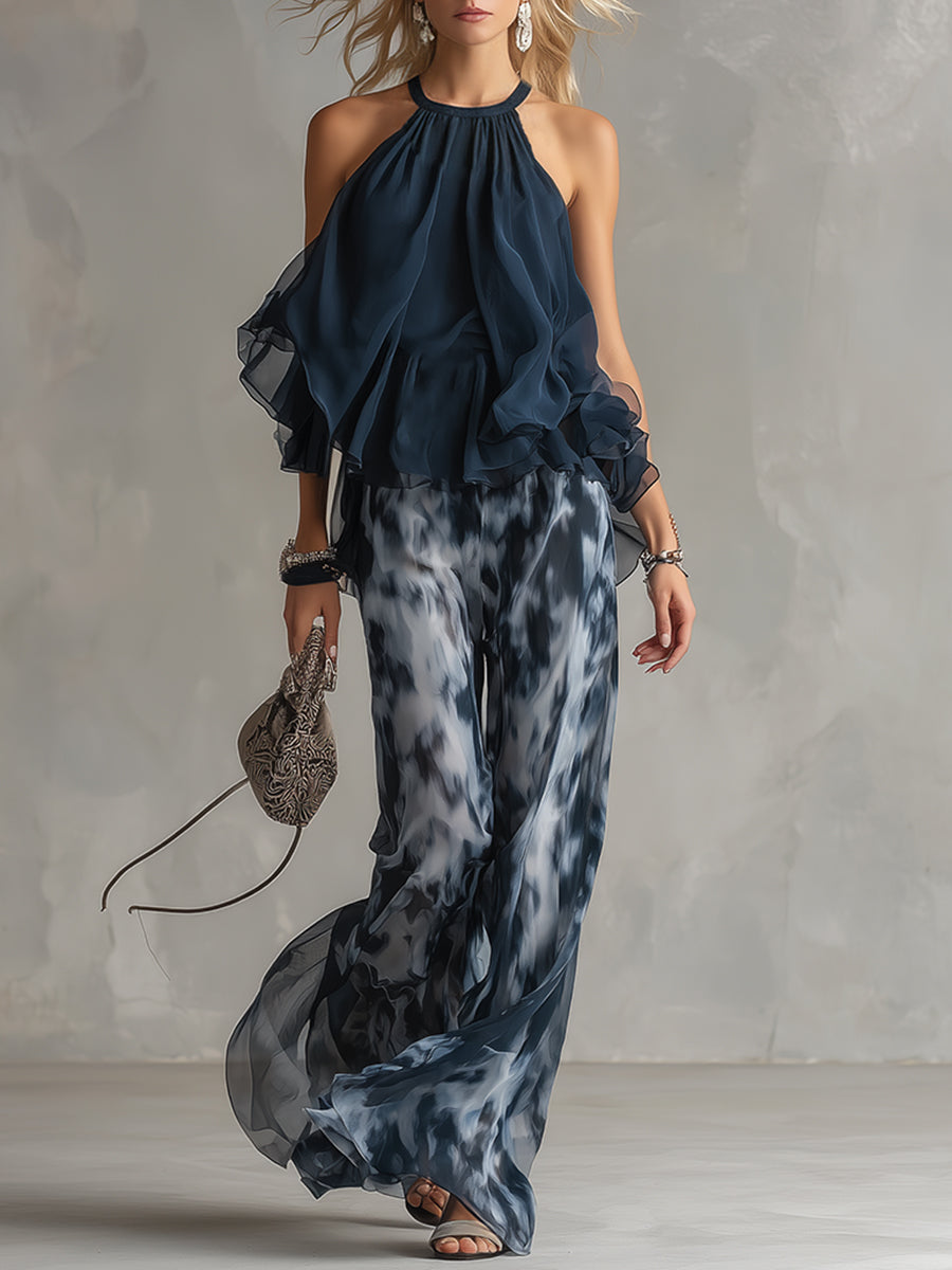 Ludovica - elegantní v chiffon s topem s vysokým límcem a širokými tištěnými kalhotami