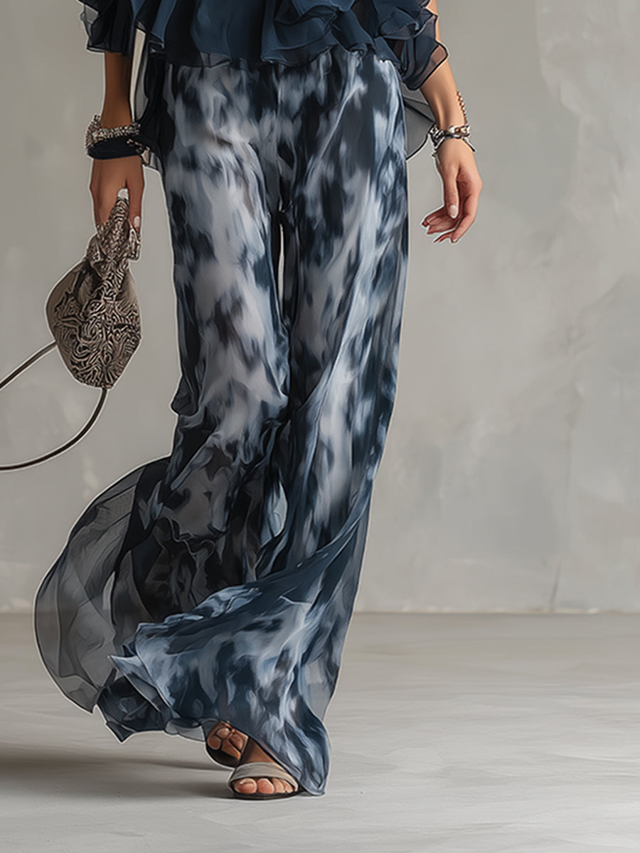 Ludovica - elegantní v chiffon s topem s vysokým límcem a širokými tištěnými kalhotami