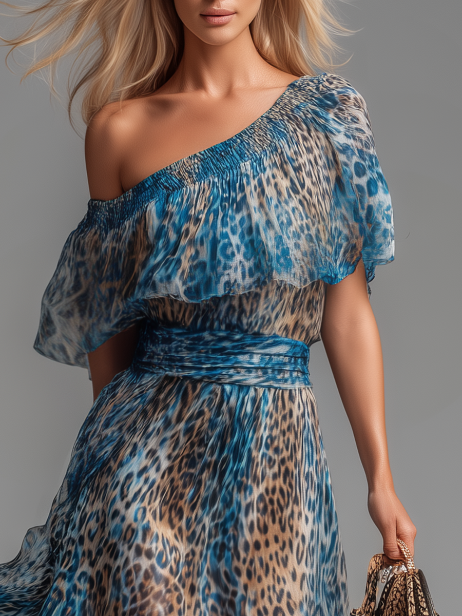 Selvaggia - Dlouhé šaty z chiffon s leopardím potiskem a odhalenými rameny