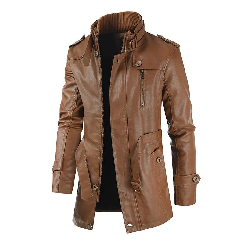 Elegantní Dlouhý Kožený Biker Kabát