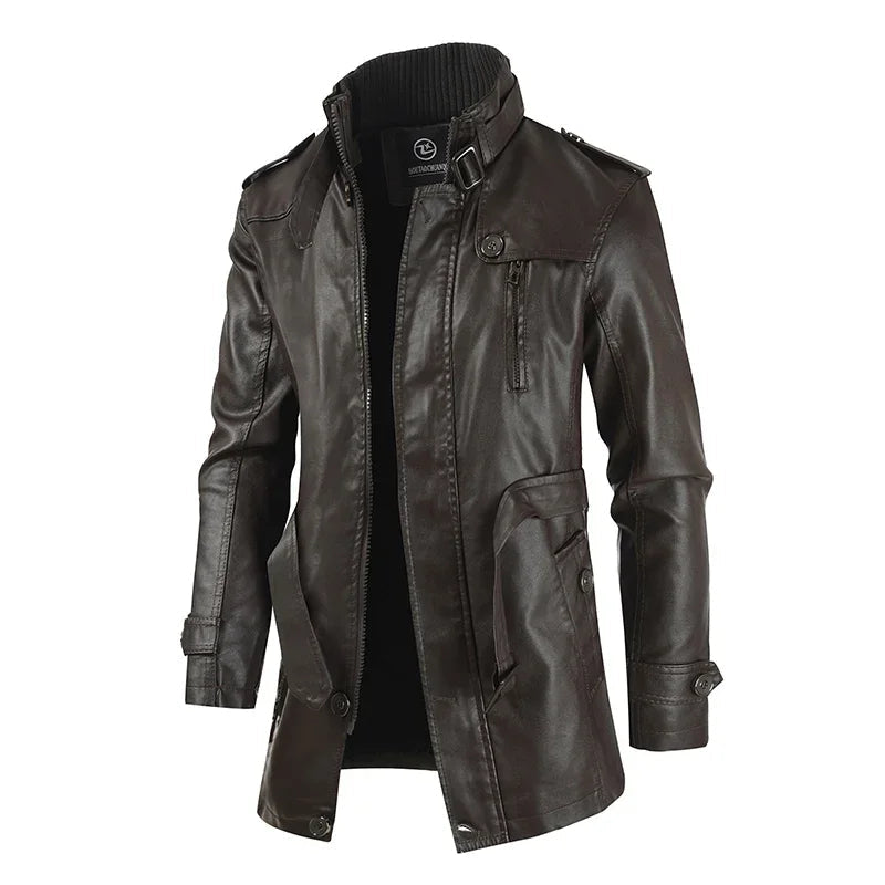 Elegantní Dlouhý Kožený Biker Kabát