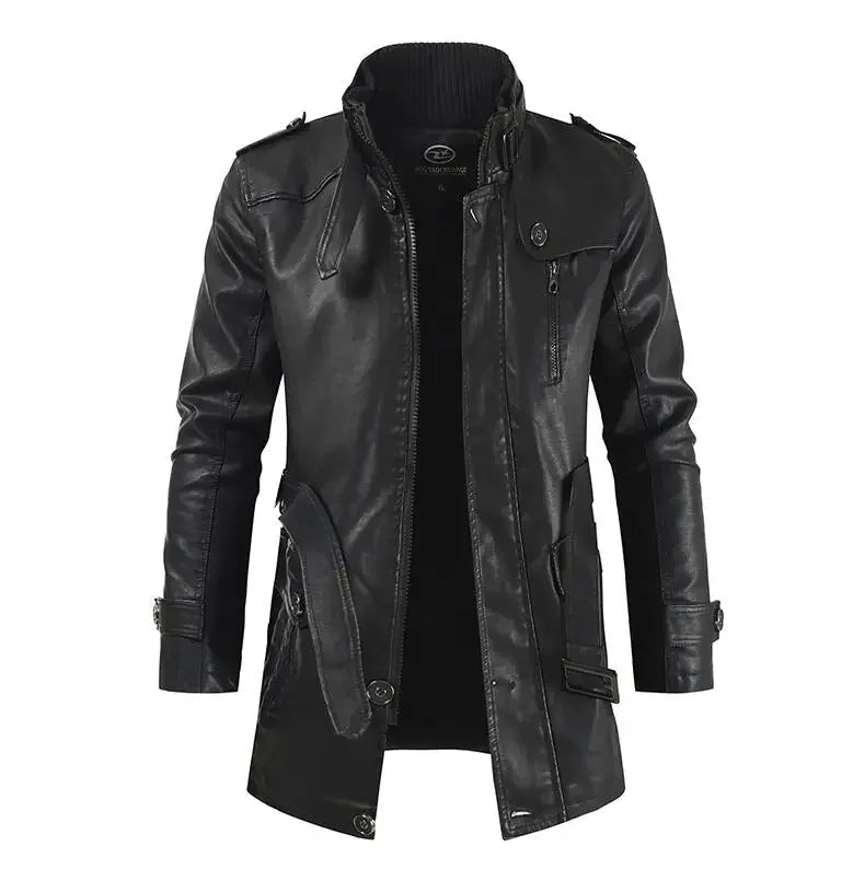 Elegantní Dlouhý Kožený Biker Kabát