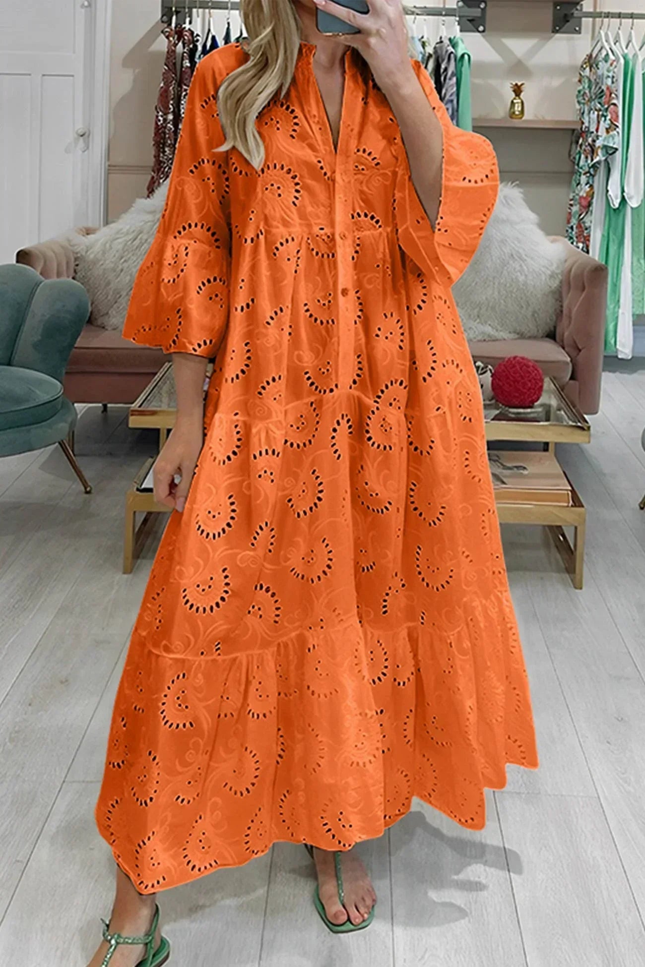 Isabelle | Dlouhá Šaty s Anglickou Výšivkou a 3/4 Rukávy
