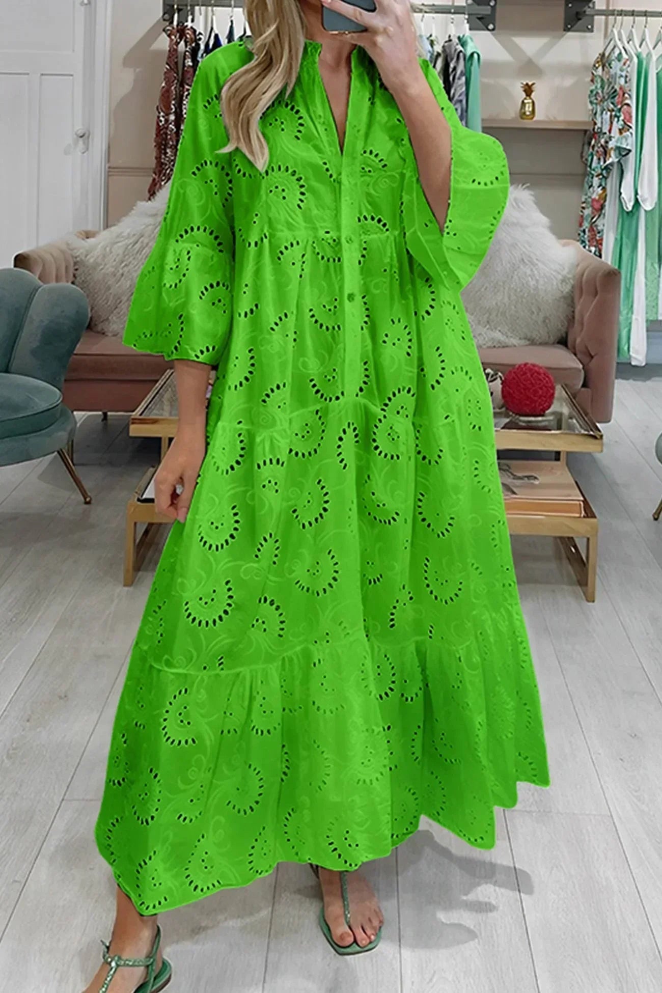 Isabelle | Dlouhá Šaty s Anglickou Výšivkou a 3/4 Rukávy